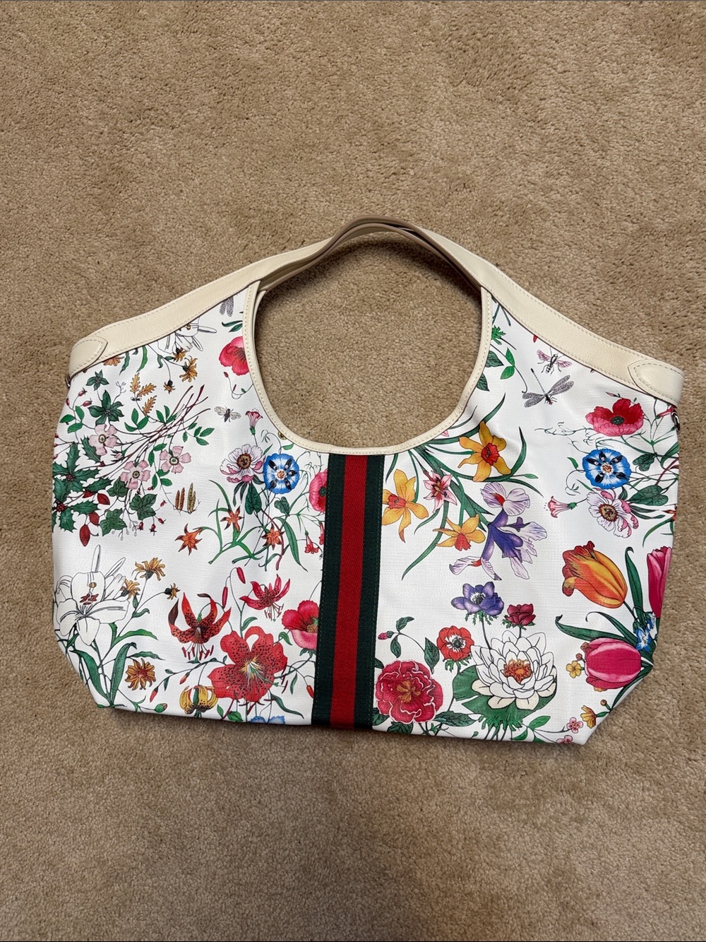 Floral Canvas Tote Bag in White with Signature Web Stripe